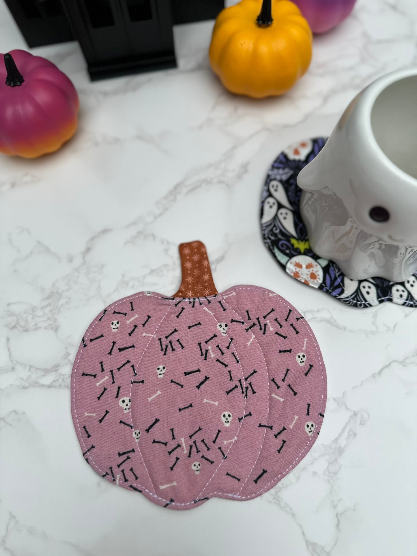 skull and bones / ghosts - fabric pumpkin coaster