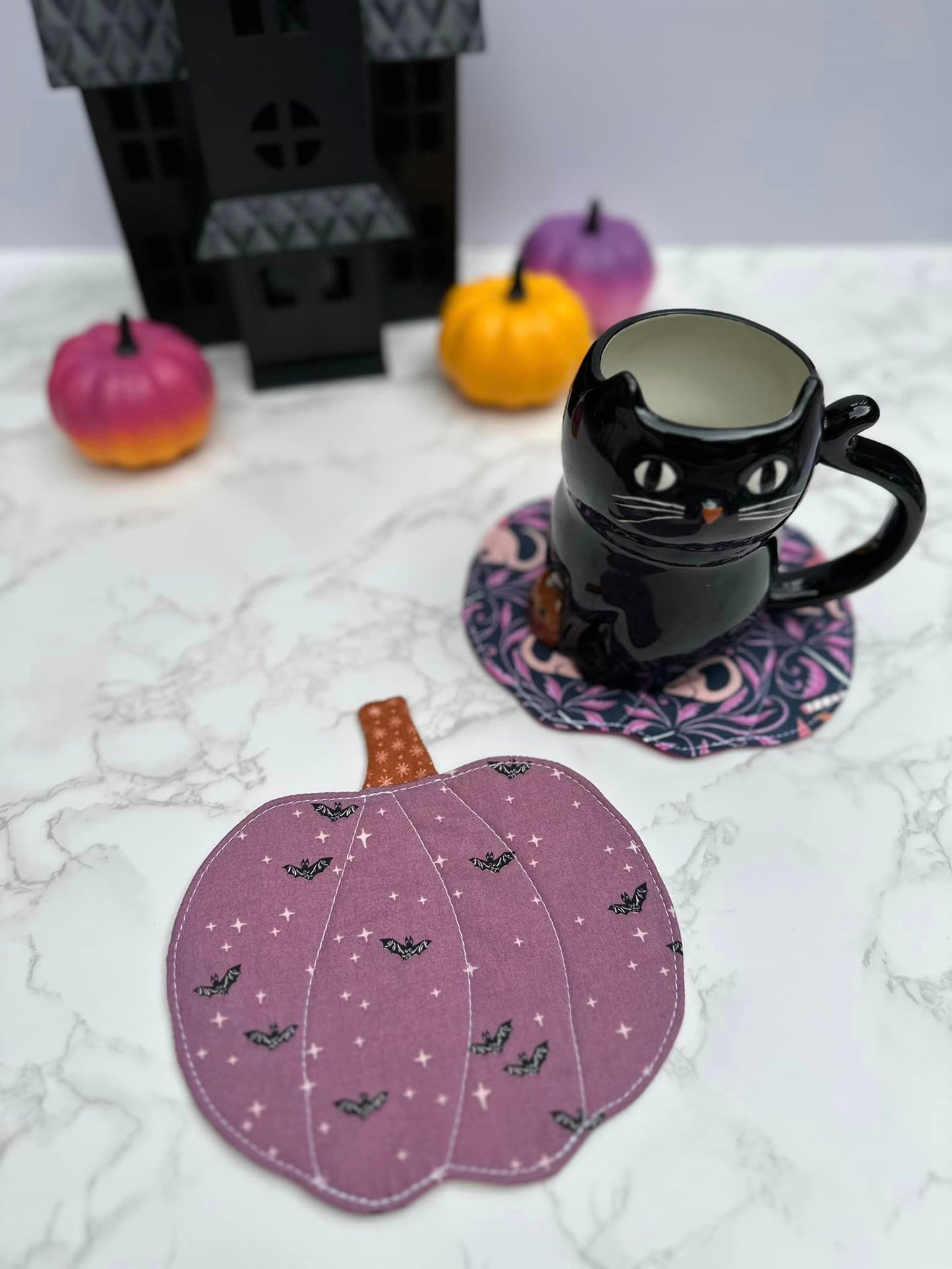 flying witch / bats - fabric pumpkin coaster