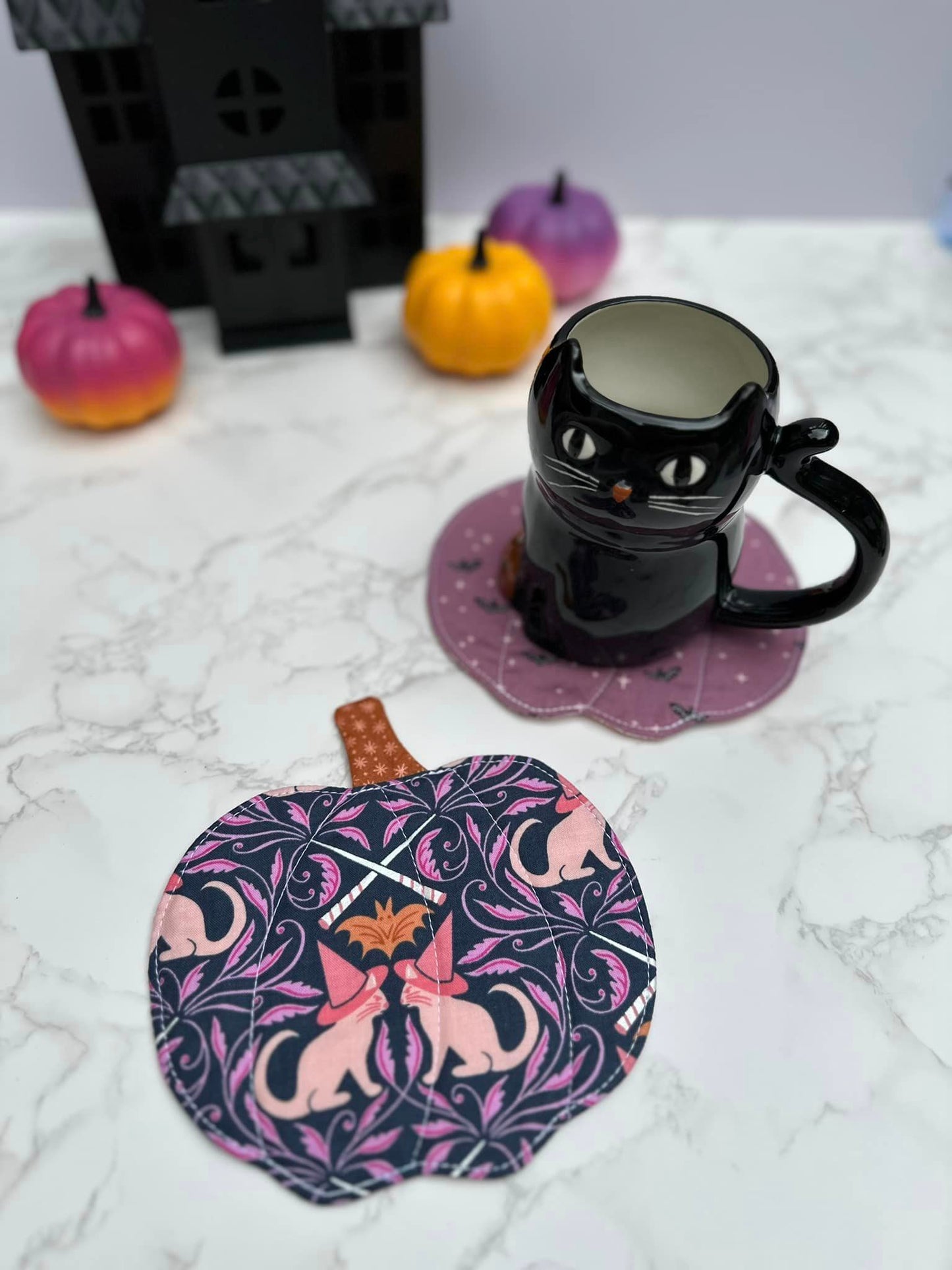 witch cats / bats - fabric pumpkin coaster