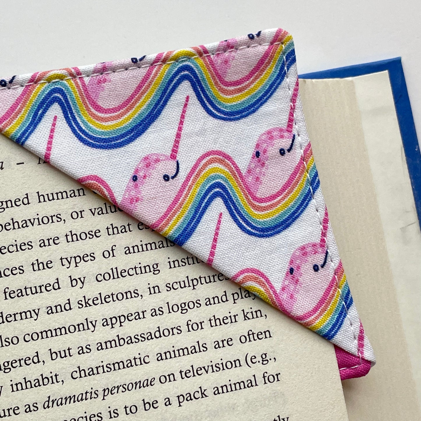 fabric corner bookmark - rainbow narwhals