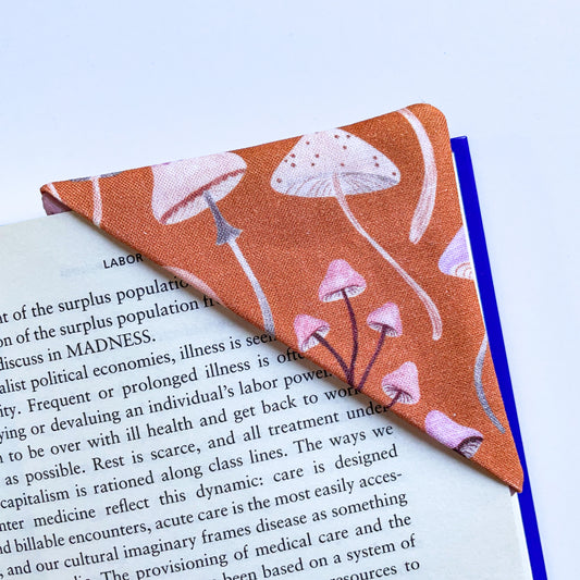 fabric corner bookmark - mushrooms on brown