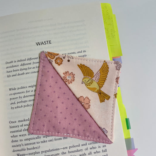 fabric corner bookmark - pretty birb