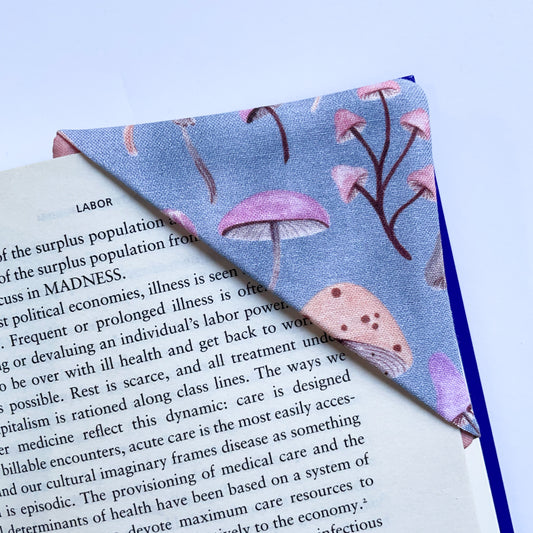 fabric corner bookmark - mushrooms on blue