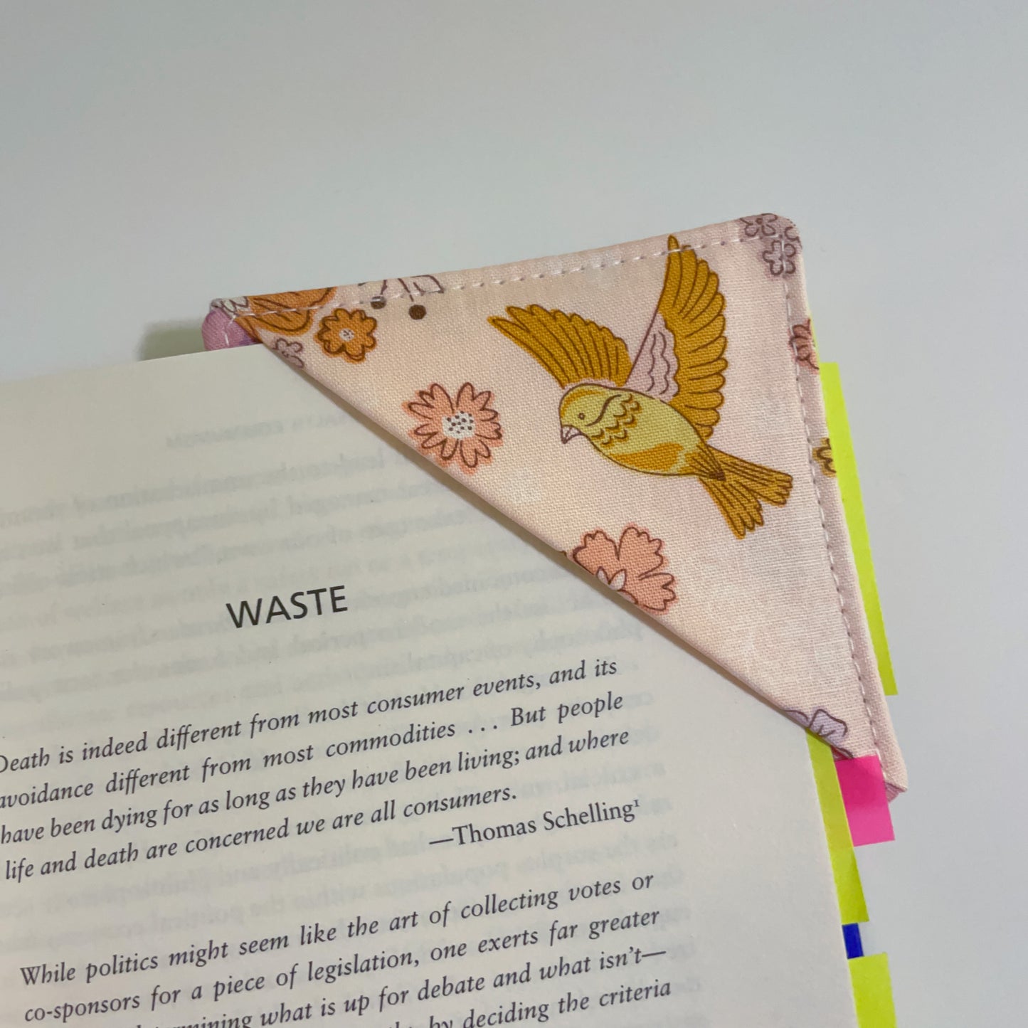 fabric corner bookmark - pretty birb