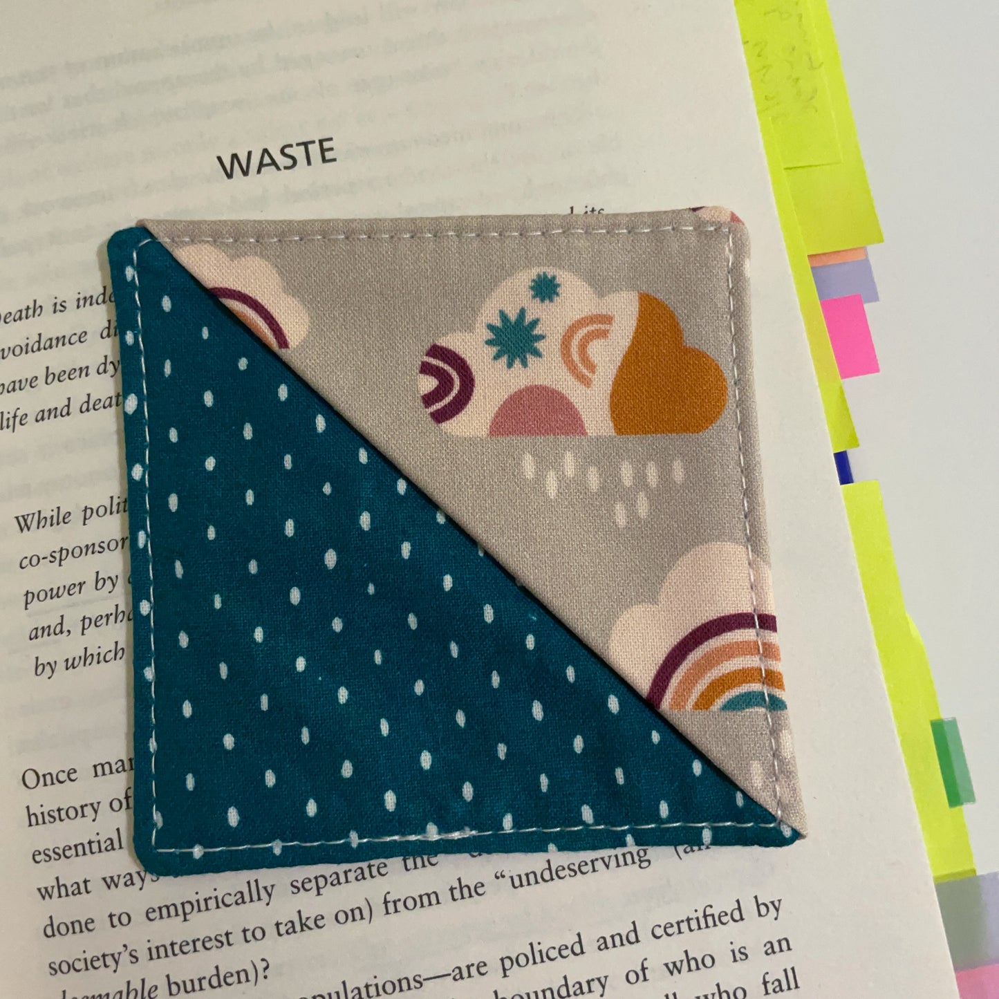 fabric corner bookmark - cloudy