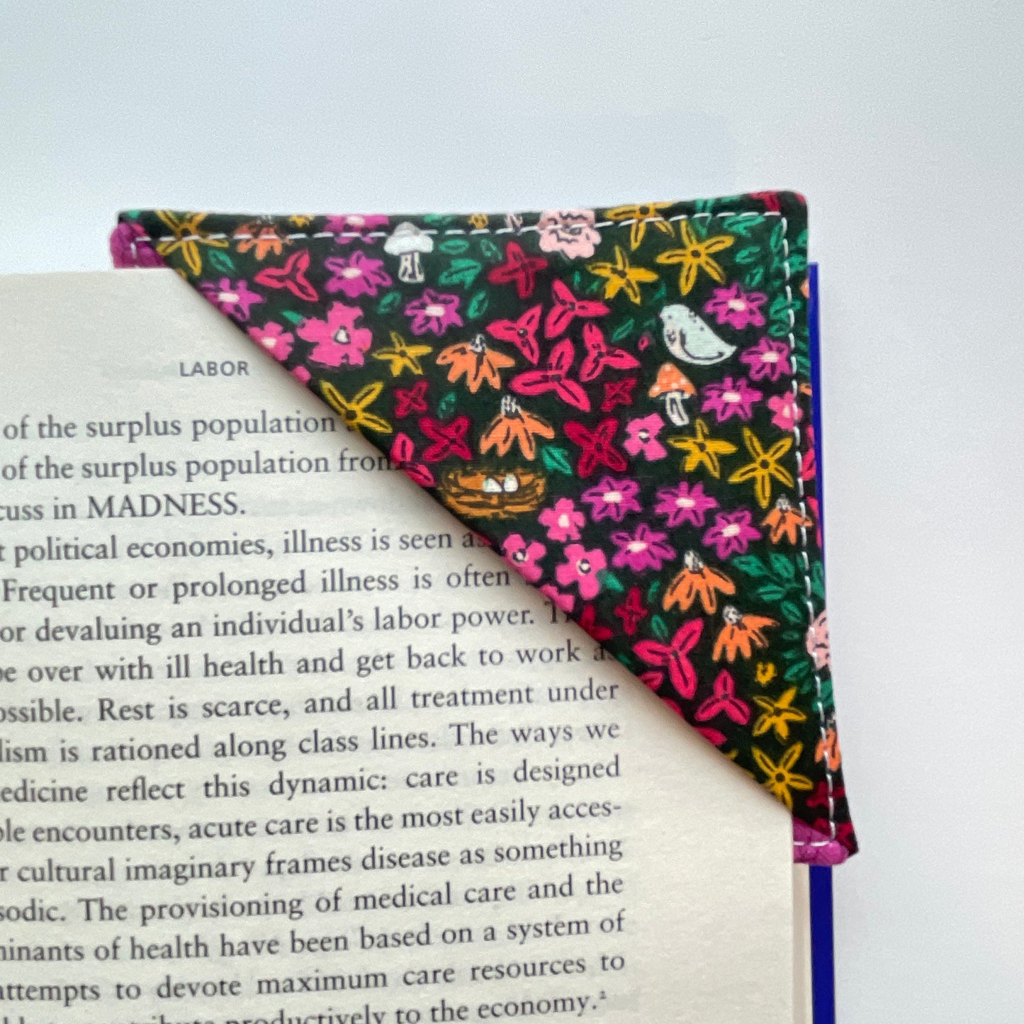 fabric corner bookmark - flowers and birds