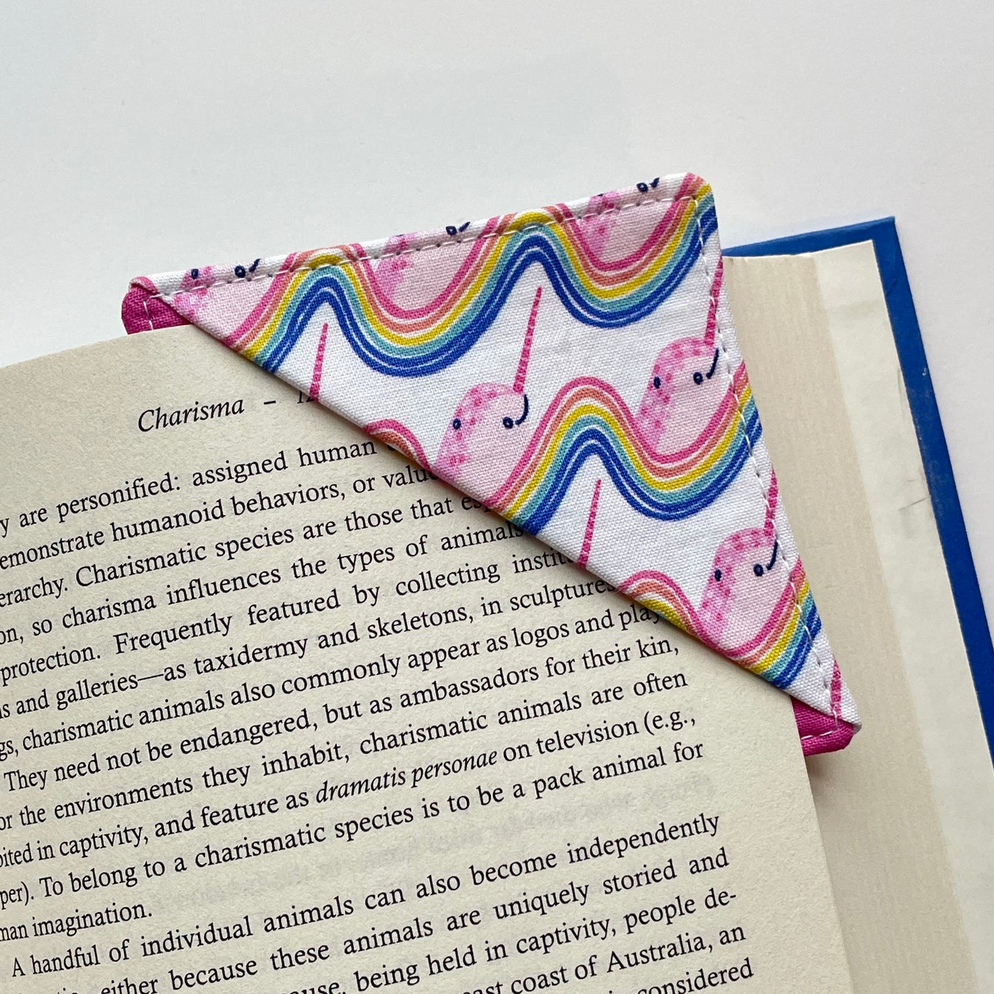 fabric corner bookmark - rainbow narwhals