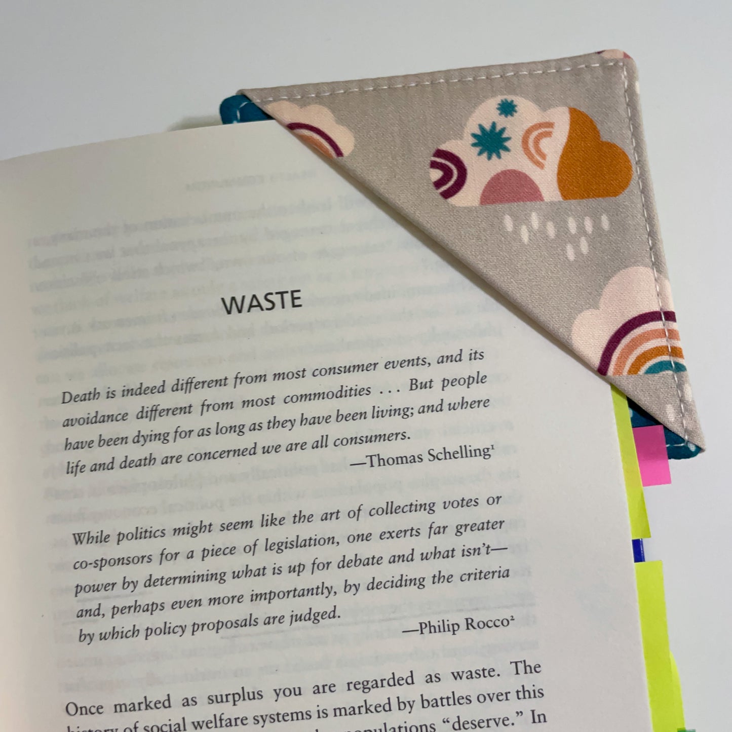 fabric corner bookmark - cloudy