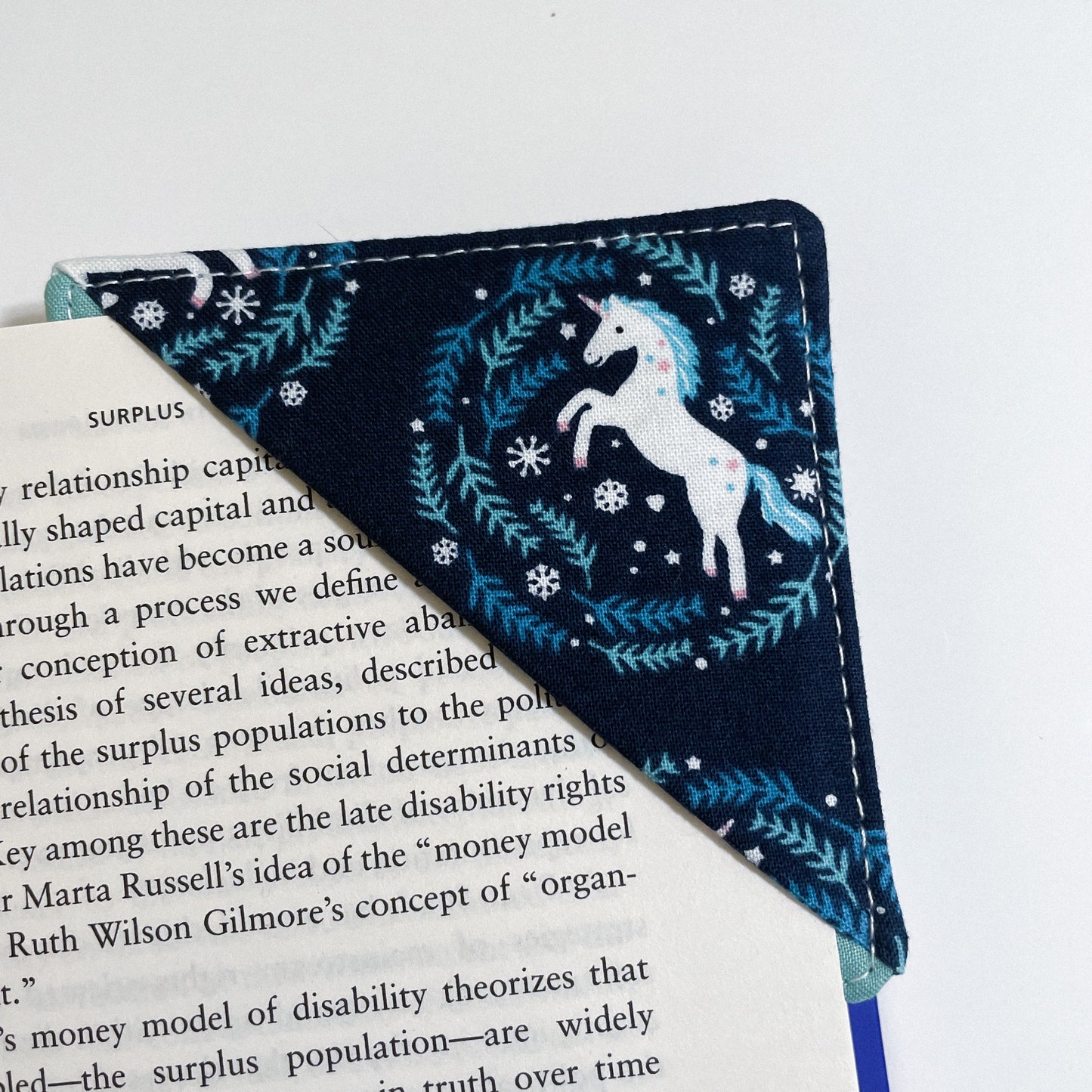 fabric corner bookmark - winter unicorn