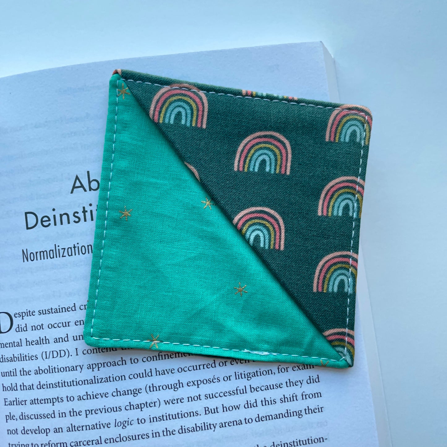 fabric corner bookmark - rainbows