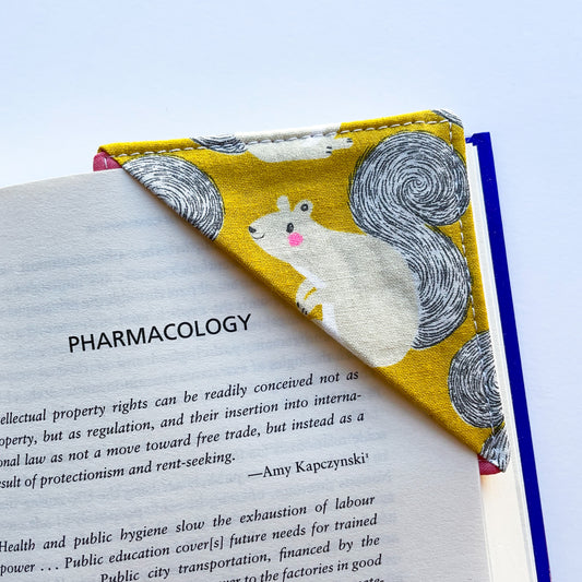 fabric corner bookmark - happy squirrels