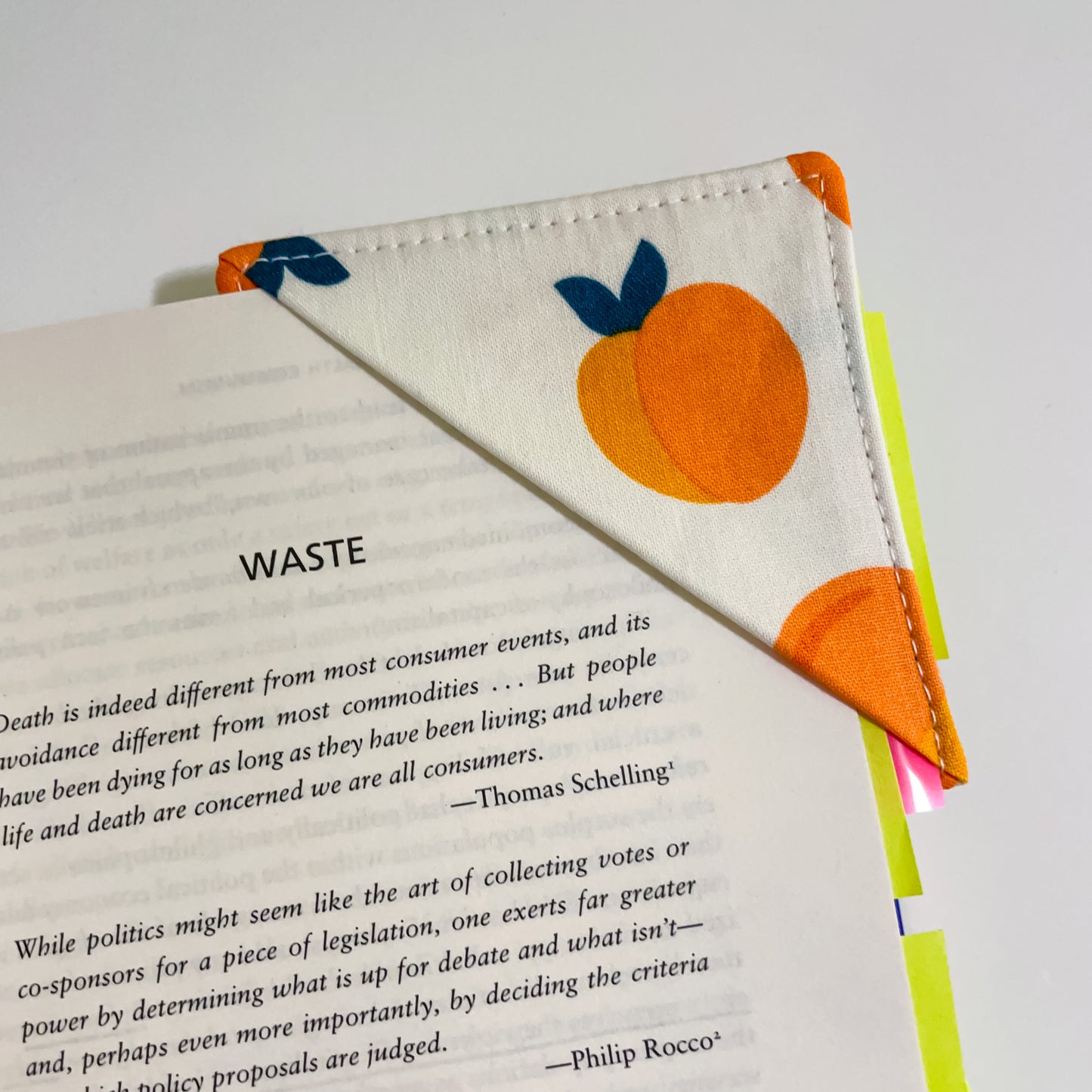 fabric corner bookmark - peaches