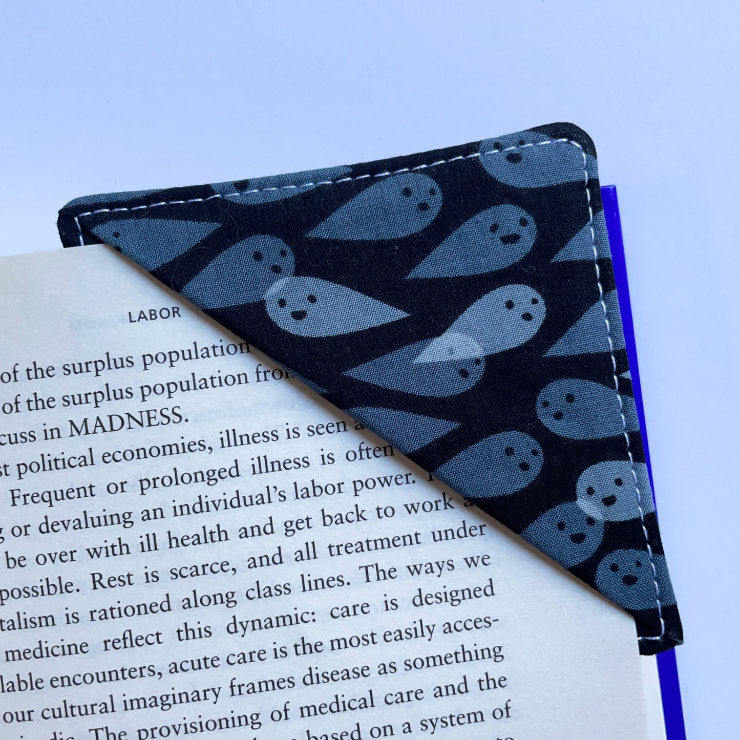 fabric corner bookmark - ghosts in black