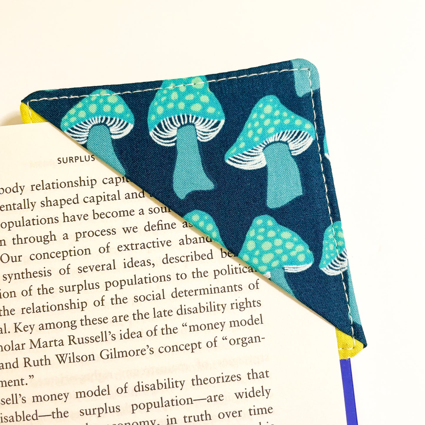 fabric corner bookmark - mushrooms