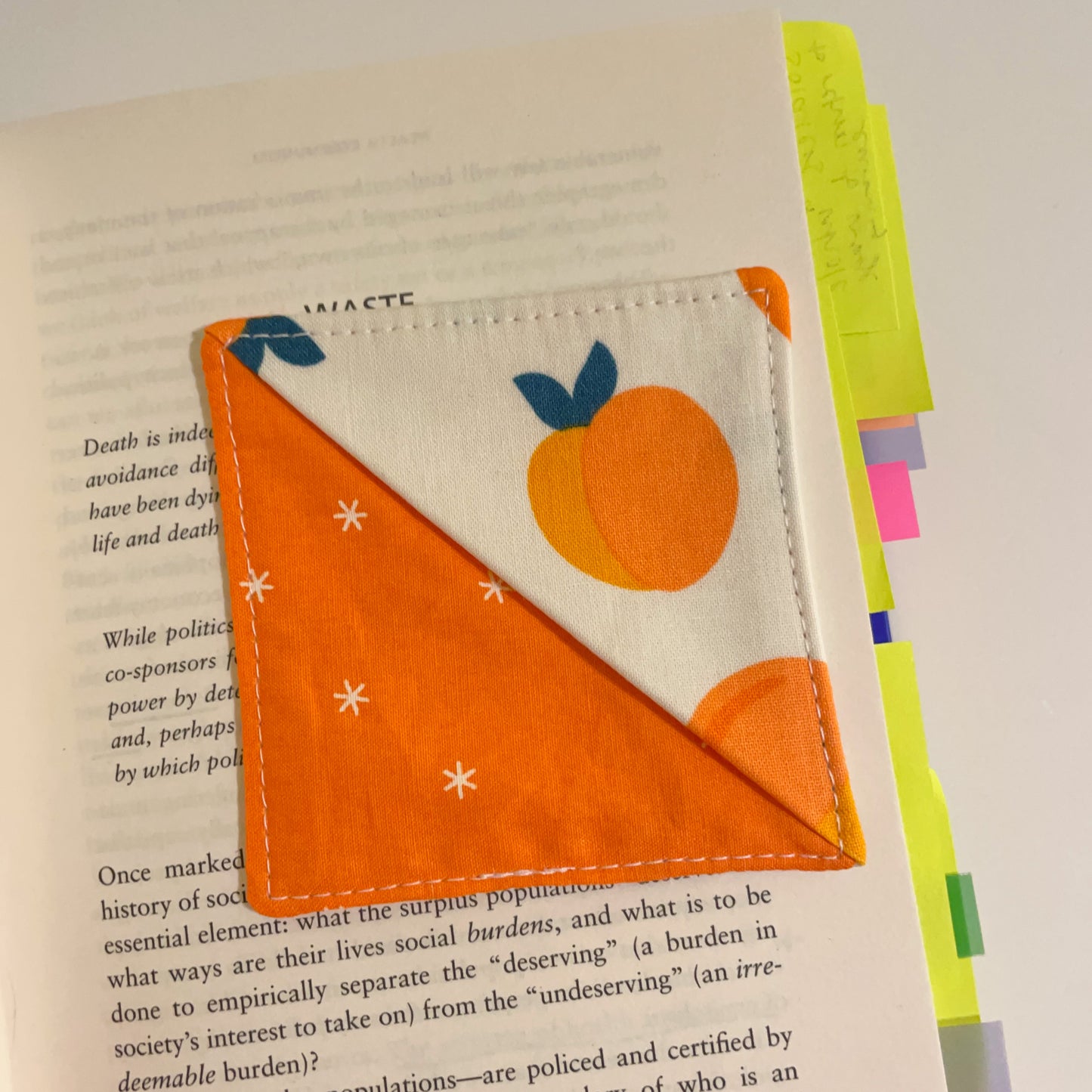 fabric corner bookmark - peaches